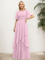 A-line Scoop Floor-Length Chiffon Mother of the Bride Dress With Pleated Sequins Beading