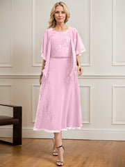 A-line Scoop Tea-Length Lace Chiffon Mother of the Bride Dress With Sequins