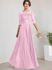 A-line Scoop Illusion Floor-Length Lace Chiffon Mother of the Bride Dress With Pleated Sequins