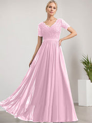 A-line V-Neck Floor-Length Lace Chiffon Mother of the Bride Dress