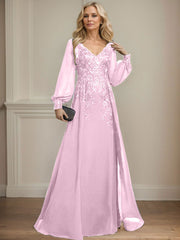 A-Line V-Neck Long Sleeves Floor-Length Chiffon Mother Of The Bride Dresses With Lace