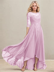 A-line Scoop Illusion Asymmetrical Lace Chiffon Mother of the Bride Dress With Pleated Sequins