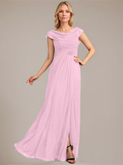A-line Scoop Floor-Length Mesh Mother of the Bride Dress With Pleated Beading