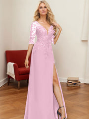A-Line V-Neck 1/2 Sleeves Floor-Length Chiffon Mother Of The Bride Dresses With Lace