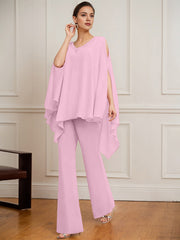 Separates Jumpsuit/Pantsuit V-Neck Floor-Length Chiffon Mother of the Bride Dress With Beading