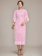 Sheath/Column Scoop Tea-Length Lace Chiffon Mother of the Bride Dress