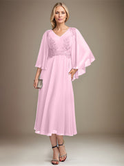 A-line V-Neck Tea-Length Chiffon Lace Mother of the Bride Dress With Sequins Beading