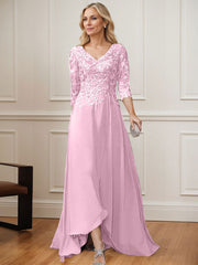 A-Line V-Neck 3/4 Sleeves Chiffon Mother Of The Bride Dresses With Lace