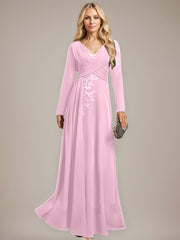 A-line V-Neck Floor-Length Stretch Crepe Evening Dress With Pleated Sequins Appliques Lace