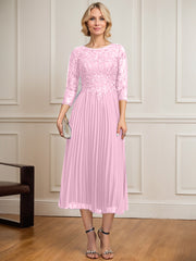 A-line Scoop Illusion Tea-Length Lace Chiffon Mother of the Bride Dress With Sequins Pleated