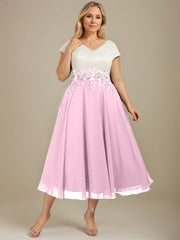 A-line V-Neck Tea-Length Satin Chiffon Mother of the Bride Dress With Appliques Lace
