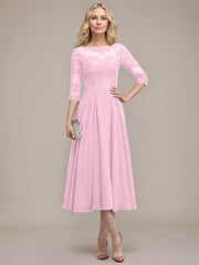 A-line Scoop Illusion Tea-Length Chiffon Lace Mother of the Bride Dress With Sequins Beading