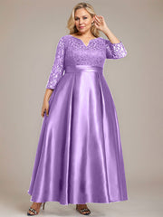 A-line V-Neck Ankle-Length Lace Satin Mother of the Bride Dress With Rhinestone