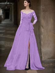 A-Line Off-The-Shoulder 3/4 Sleeves Sweep Train Lace/Satin Mother Of The Bride Dresses With Split Front