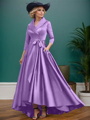 A-Line V-Neck 3/4 Sleeves Satin Mother Of The Bride Dresses With Pockets