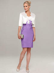 Sheath/Column V-Neck Knee-Length Satin Mother of the Bride Dress With Jacket Appliqued