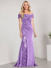 A-Line Off the Shoulder Floor-Length Chiffon Mother of the Bride Dress Applique Beadings Mermaid Dress With  High Split