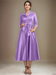 A-line V-Neck Collared Tea-Length Satin Mother of the Bride Dress