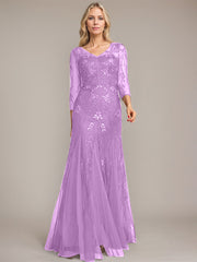 Trumpet/Mermaid Illusion V-Neck Floor-Length Tulle Sequin Lace Mother of the Bride Dress