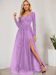 A-line V-Neck Floor-Length Tulle Prom Dresses With Sequins Appliques Lace Beading