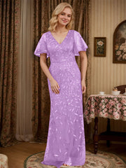 Sheath V-neck Short Sleeves Floor-Length Lace Mother of the Bride Dress
