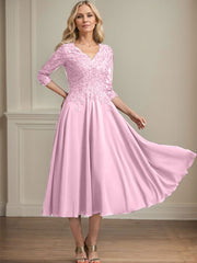 A-line V-Neck Tea-Length Chiffon Lace Mother of the Bride Dress With Beading Sequins