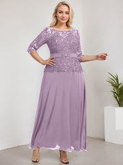 A-line Scoop Illusion Ankle-Length Chiffon Lace Mother of the Bride Dress With Rhinestone Beading