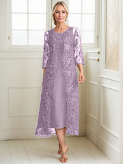 A-line Scoop Tea-Length Lace Chiffon Mother of the Bride Dress