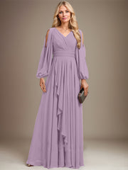 A-line Cold Shoulder V-Neck Floor-Length Chiffon Mother of the Bride Dress With Cascading Ruffles Beading