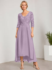 A-line V-Neck Asymmetrical Chiffon Lace Mother of the Bride Dress With Pleated Beading