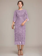 Sheath/Column Scoop Tea-Length Lace Chiffon Mother of the Bride Dress