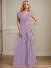 A-line V-Neck Floor-Length Chiffon Mother of the Bride Dress With Pleated Sequins Beading