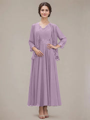 A-line V-Neck Ankle-Length Chiffon Mother of the Bride Dress With Sequins Appliques Lace Beading