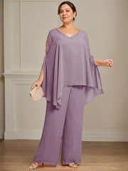 Separates Jumpsuit/Pantsuit V-Neck Floor-Length Chiffon Mother of the Bride Dress With Beading