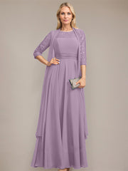 A-line Scoop Illusion Floor-Length Lace Chiffon Mother of the Bride Dress With Pleated