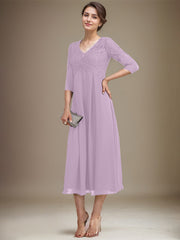 A-line V-Neck Tea-Length Chiffon Lace Mother of the Bride Dress With Beading