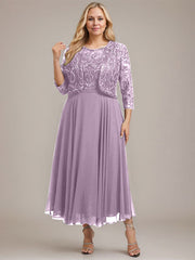 A-line Boat Neck Illusion Tea-Length Lace Chiffon Mother of the Bride Dress With Sequins