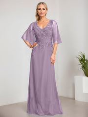 A-line V-Neck Floor-Length Lace Chiffon Mother of the Bride Dress With Sequins Beading