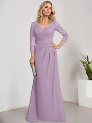 Sheath/Column V-Neck Illusion Floor-Length Lace Chiffon Mother of the Bride Dress With Pleated Sequins