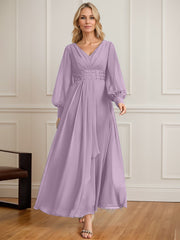 A-line V-Neck Ankle-Length Chiffon Mother of the Bride Dress With Cascading Ruffles Beading Sequins