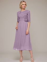 A-line/Princess Scoop Tea-Length Chiffon Mother of the Bride Dress With Lace Jacket
