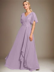 A-line V-Neck Floor-Length Lace Chiffon Mother of the Bride Dress With Cascading Ruffles Sequins