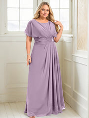 A-line Scoop Floor-Length Chiffon Mother of the Bride Dress With Pleated Beading
