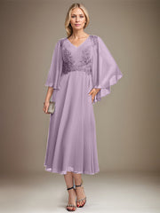 A-line V-Neck Tea-Length Chiffon Lace Mother of the Bride Dress With Sequins Beading