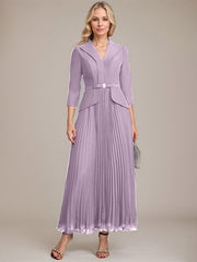 A-line Collared V-Neck Ankle-Length Chiffon Mother of the Bride Dress With Beading Pleated