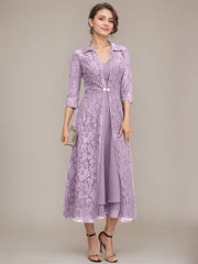 A-line V-Neck Tea-Length Chiffon Mother of the Bride Dress