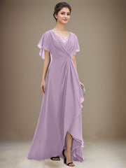 A-line V-Neck Asymmetrical Chiffon Mother of the Bride Dress With Sequins Beading Cascading Ruffles