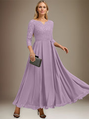 A-line V-Neck Ankle-Length Chiffon Lace Mother of the Bride Dress With Rhinestone