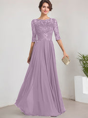 A-line Scoop Illusion Floor-Length Lace Chiffon Mother of the Bride Dress With Pleated Sequins