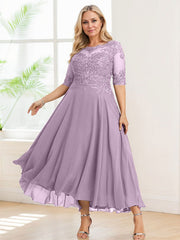 A-line Illusion Boat Neck Asymmetrical Chiffon Lace Mother of the Bride Dress With Sequins Beading